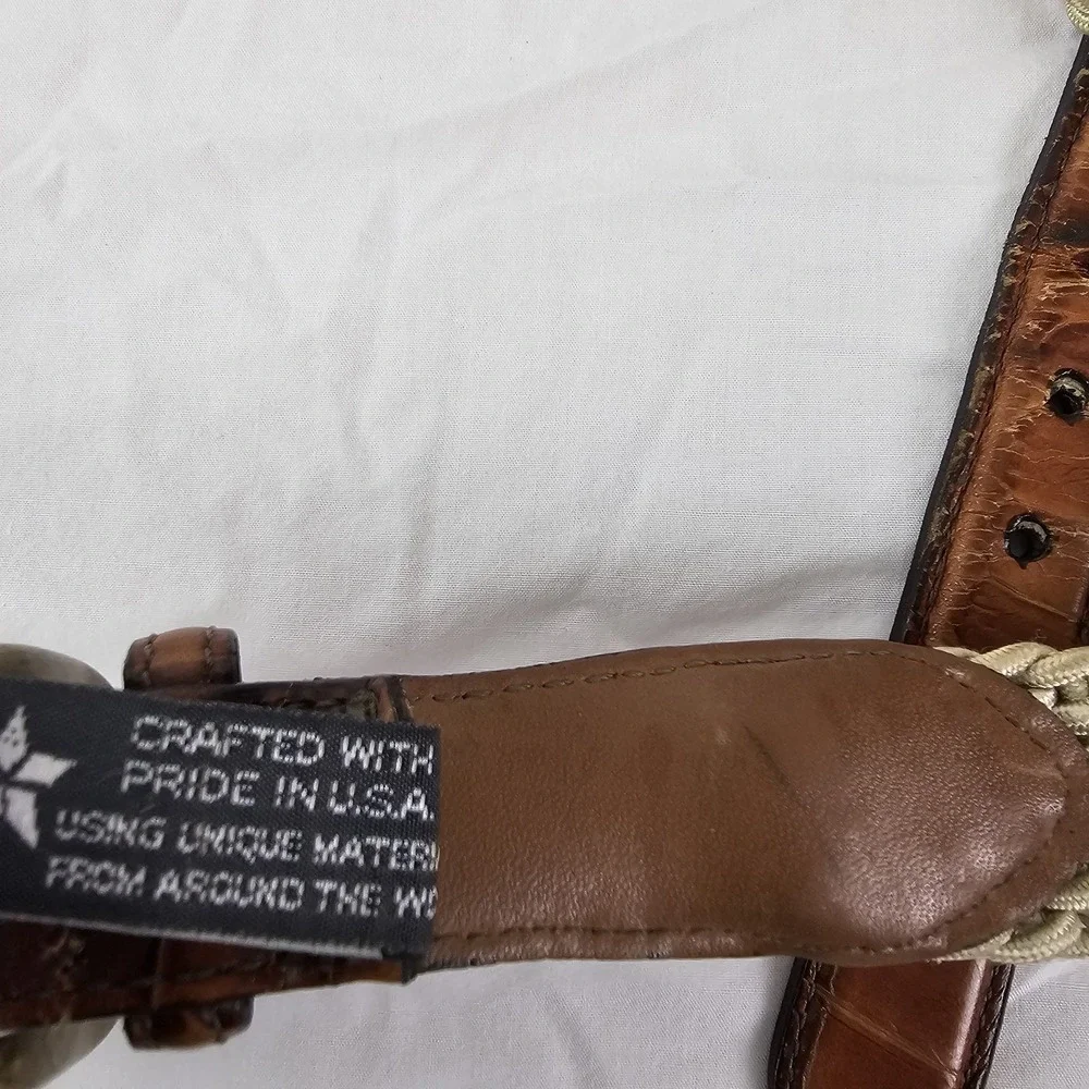 Brighton 33502 Belt Size 40 Woven Stretch Brown Leather Croc Trim Brass Buckle